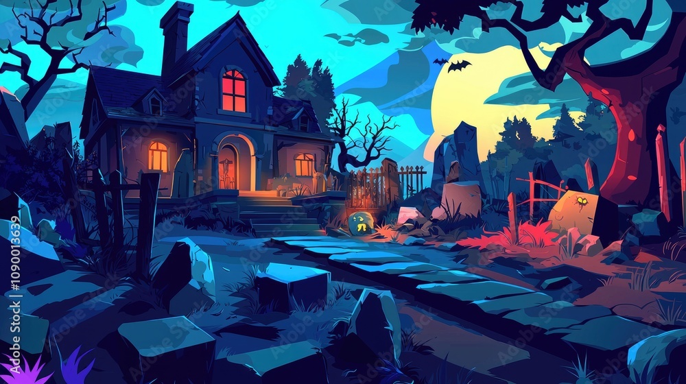 A spooky, cartoon-style house with glowing windows and a moon in the background