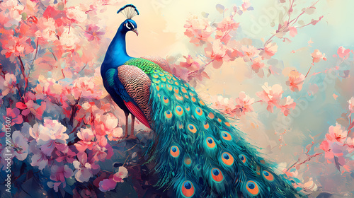Vibrant peacock stands gracefully amidst pastel colored blossoms, showcasing its stunning feathers. Elegant Peacock Feathers. Illustration