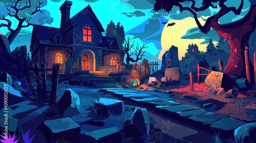 A spooky, cartoon-style house with glowing windows and a moon in the background
