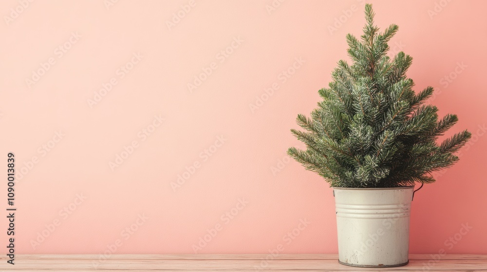 Fototapeta premium Small evergreen tree in a metal pot against a pink background