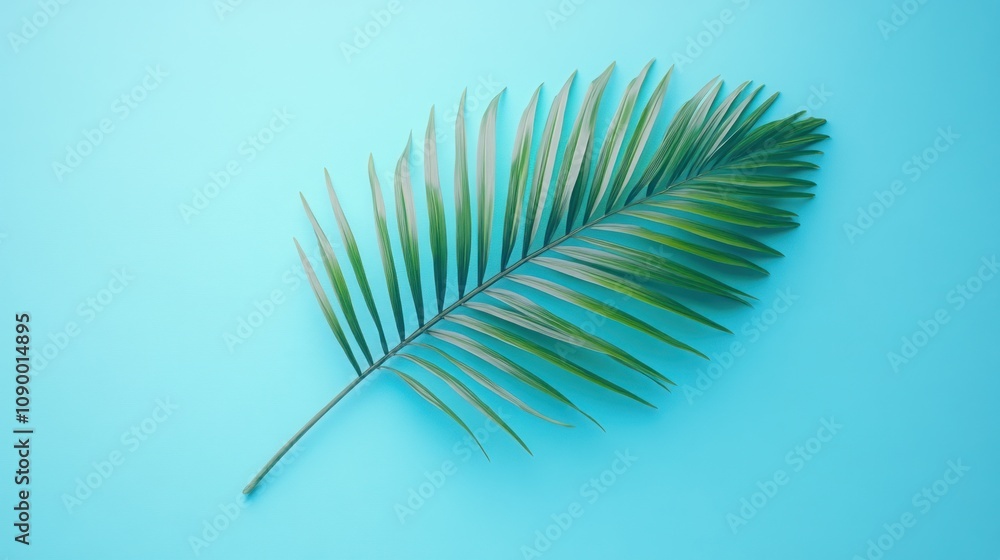Obraz premium Single palm frond on blue background.