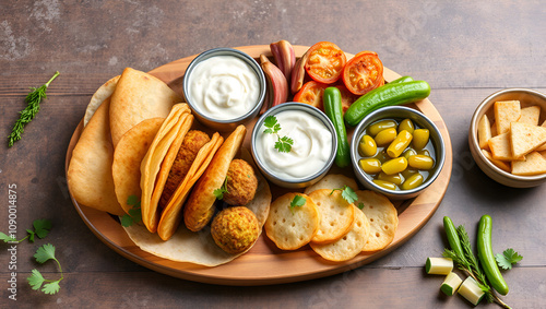 falafel platter with dips and pickles aside photo