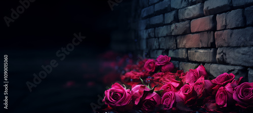 Pink red roses on brick wall of an alleyway and black background. Copy space