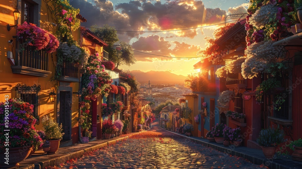 Fototapeta premium Vibrant street scene at sunset adorned with colorful flowers.