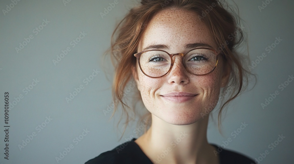 Fototapeta premium Young woman with red hair and freckles wearing glasses, smiling warmly, portrait against a neutral background, capturing a moment of joy and confidence.