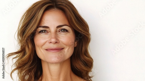 Captivating Portrait of a Smiling Woman with Natural Beauty Against a Soft White Background, Perfect for Lifestyle and Wellness Themes