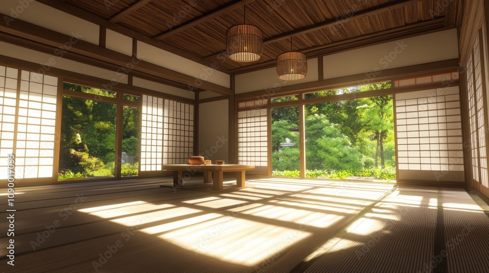 Naklejka premium Traditional Japanese Interior Design with Tranquil Garden View