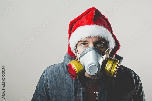 Santa hat man in gas mask spreads cheer