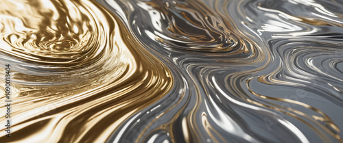 abstract illustration of molten melted gold and iron aluminum metals mixed up, shiny metallic liquid, light reflection on the surface