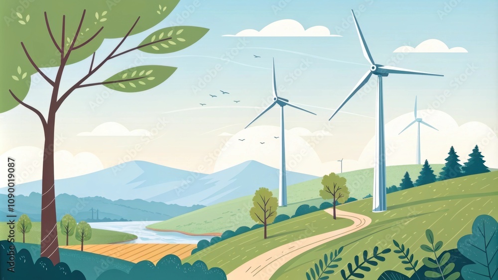 Fototapeta premium Turbines rotate smoothly generating power amid tranquil scenery.