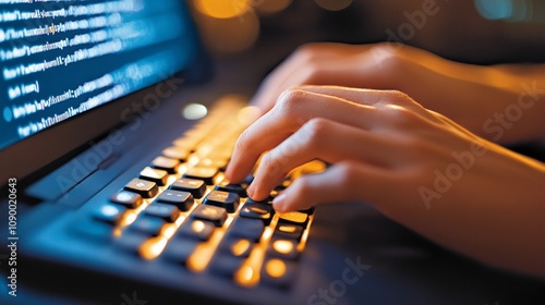 Images of hands typing on a keyboard.Words appear as blurry or ciphered text, symbolizing internet censorship and restrictions on free speech.