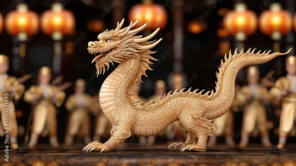 Fototapeta premium A majestic gold dragon stands in a vibrant setting adorned with lanterns, surrounded by golden figures, exuding an aura of power and mystique.