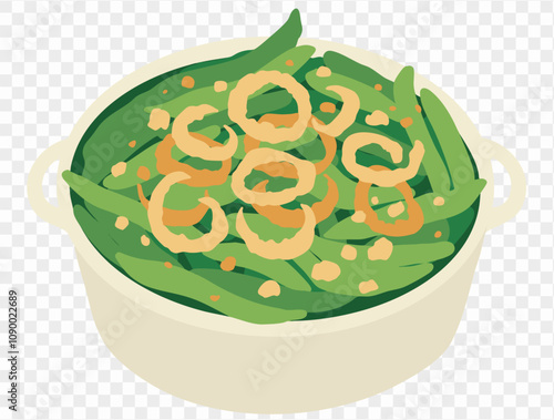 Green bean casserole topped with crispy fried onions on a transparent background. Perfect Thanksgiving side dish. vector