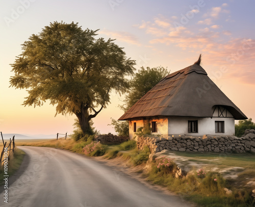 Old Thatched Cottage with Rural Landscape photo