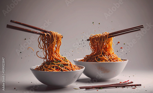 Two bowls of noodles with chopsticks in them. The bowls are white and the noodles are long photo