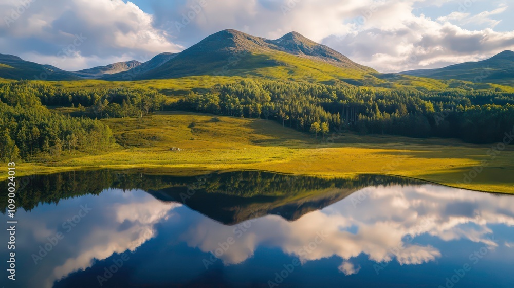 Fototapeta premium Aerial view of mountain with reflection in water