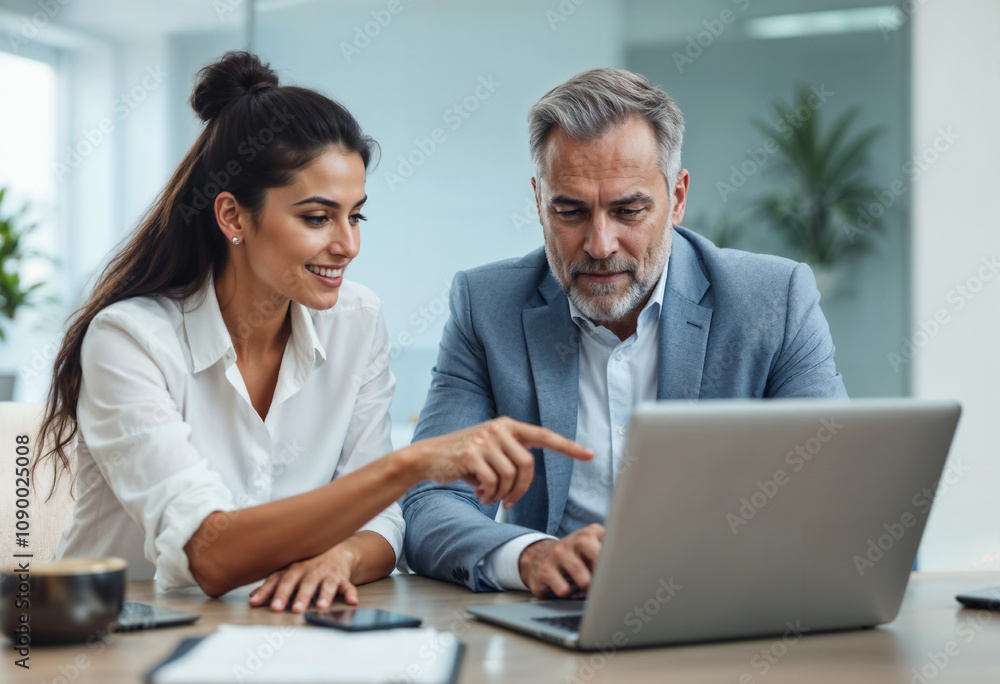 Obraz premium A female and male colleague working together on a laptop in a modern office environment. They are focused and discussing a project, showcasing teamwork and collaboration in a professional setting.