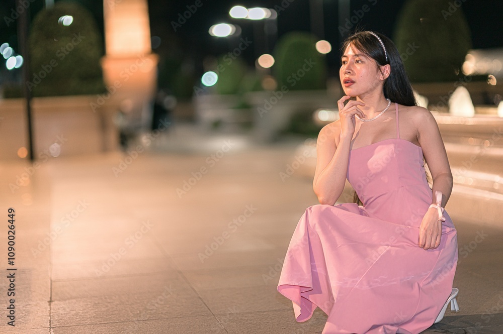 Naklejka premium Elegant young woman in a pink evening gown poses gracefully at night near a fountain, surrounded by soft lights and a serene atmosphere, exuding timeless beauty and charm.