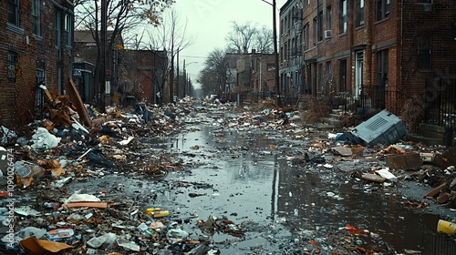 Urban Street Littered with Debris and Water Puddles