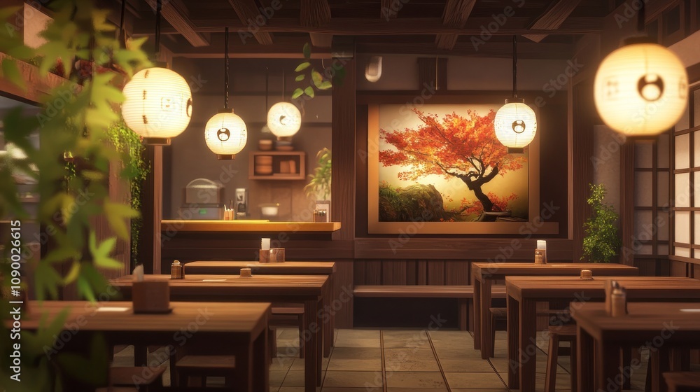 Japanese Restaurant Interior with Warm Lighting Japanese Restaurant Interior with Warm Lighting
