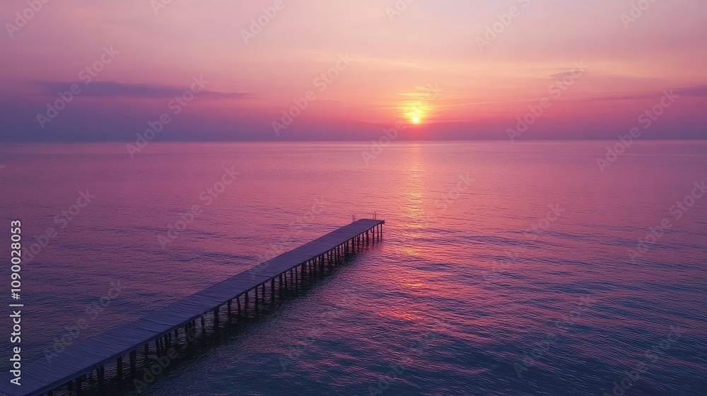 Obraz premium Serene Sunset Over Tranquil Ocean with Pier Silhouetted Against Colorful Sky, Capturing the Essence of Peace and Natural Beauty in a Coastal Landscape