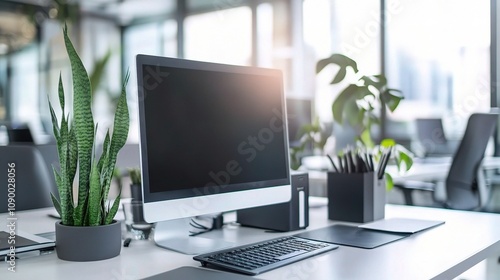 Wallpaper Mural Modern Office Workspace with Computer and Green Plants Showcasing a Bright and Airy Environment Designed for Productivity and Creativity in a Professional Setting Torontodigital.ca