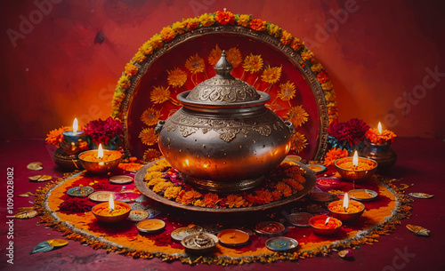 A large, ornate pot sits on a table with several other small pots and candles. The table is decorated with flowers and other items, creating a festive and celebratory atmosphere photo