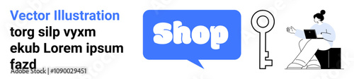 Vector depicting online shopping with a shop text inside a blue speech bubble, a key icon, and a person using a laptop. Ideal for online retail, security, e-commerce, technology, digital marketing