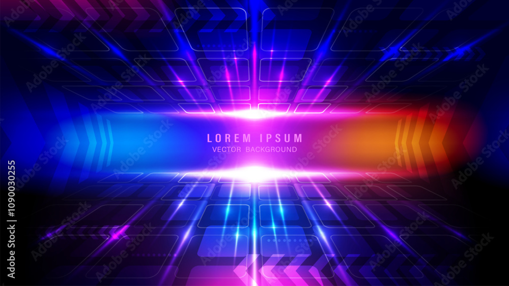 Obraz premium Dynamic abstract background features vibrant spectrum of colors. Composition includes glowing light streaks, overlay translucent arrow patterns