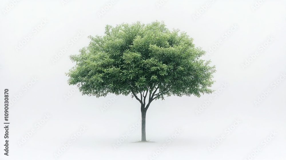 Fototapeta premium Solitary tree in misty fog, isolated on white background.