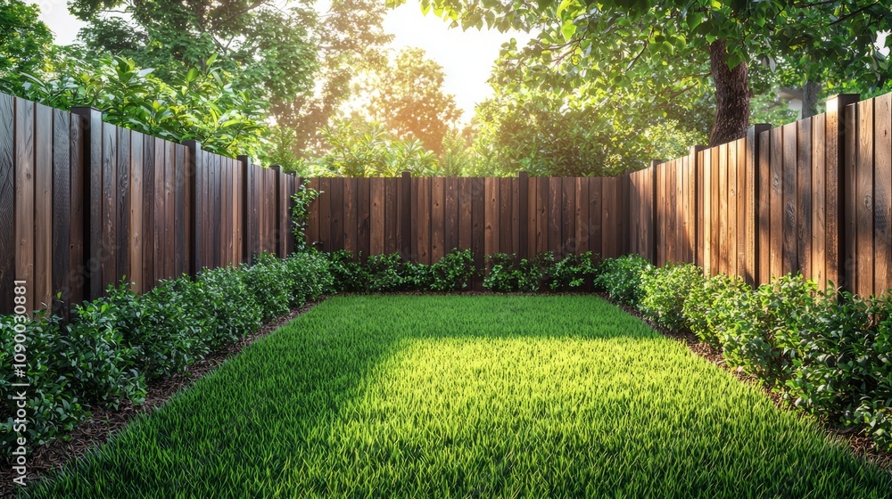 Fototapeta premium Serene Backyard with Lush Green Lawn and Wooden Fence