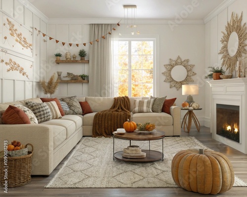 A modern living room decorated for Thanksgiving with pumpkins