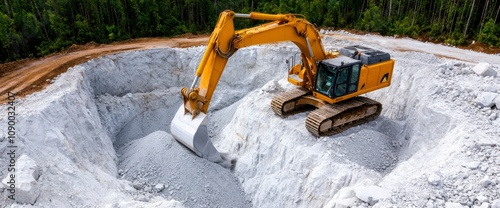 Excavator Digging in a Limestone Quarry Aerial View