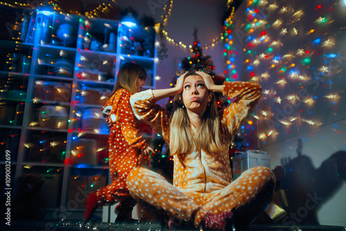 Photography Stressed Christmas Mother Surrounded by her Naughty Daughter
