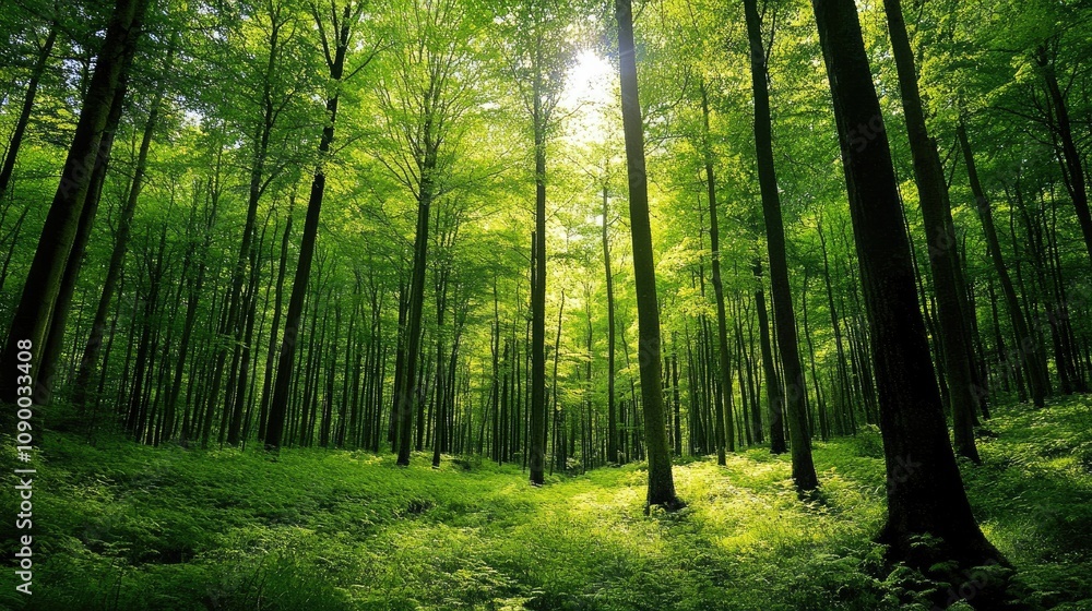 Obraz premium A wide-angle shot of a forest, looking up at tall trees with lush green canopies, representing the tranquility of nature.