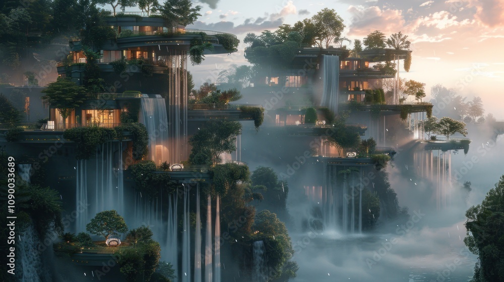Naklejka premium Futuristic floating architecture surrounded by waterfalls and mist.