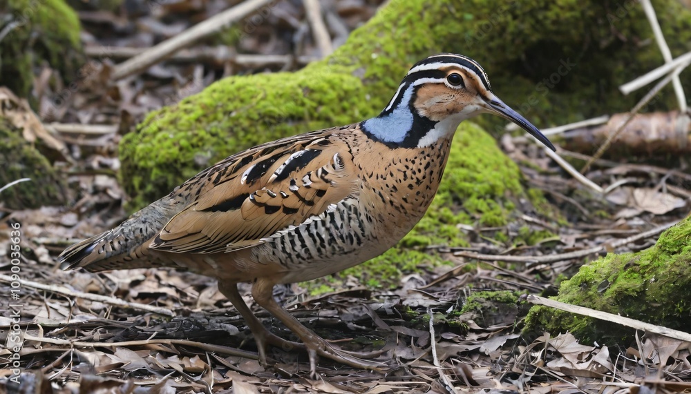 Obraz premium Portrait of a colorful Woodcock (Scolopax), in natural surroundings among moss and foliage, highlighted by its detailed plumage