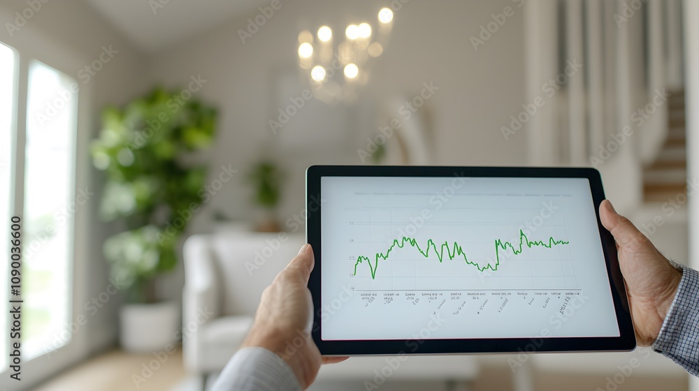 Fototapeta premium Real Estate Agent Showcasing Housing Market Trends with Graph on Tablet in Bright Modern Living Space