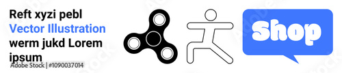 Text with a fidget spinner icon, a simple human figure outline, and a speech bubble containing the word shop in blue. Ideal for e-commerce, retail, online shopping, store promotion, marketing