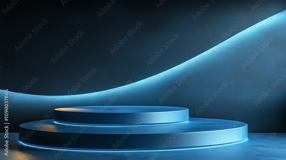 Obraz premium Blue cylindrical podium, dark background, neon light