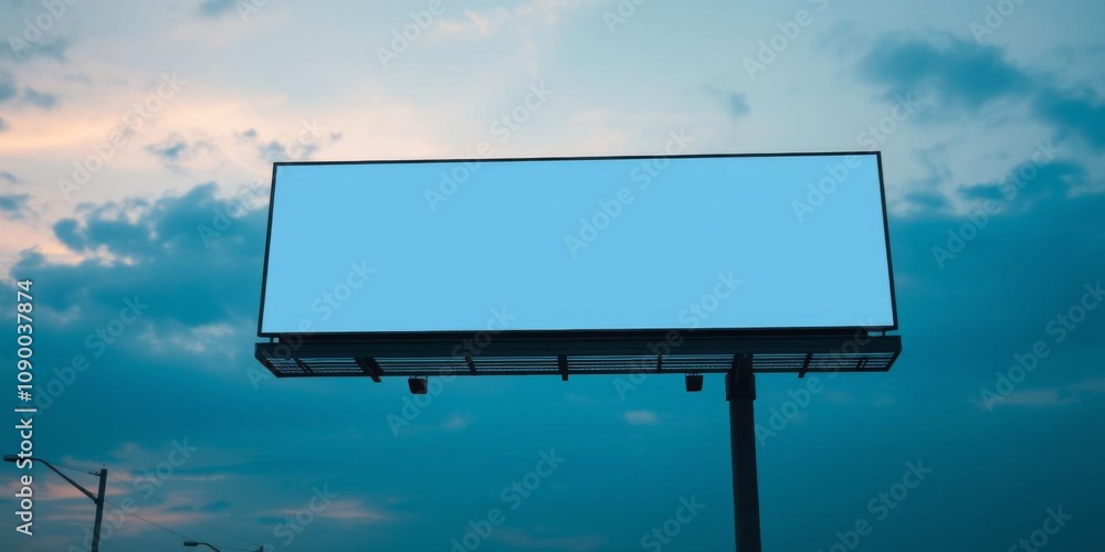 Fototapeta premium Blank outdoor billboard sign template against dusk sky background, communication, marketing, sign