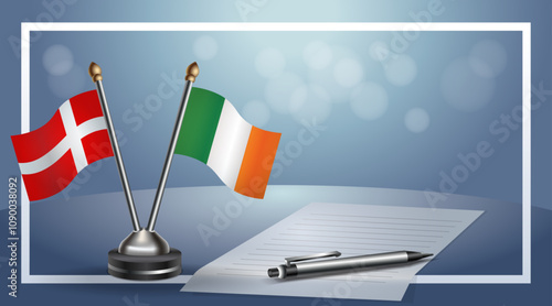 Denmark and Ireland National flags on small table with bokeh background, cooperative relationship