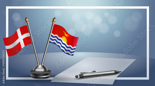 Denmark and Kiribati National flags on small table with bokeh background, cooperative relationship