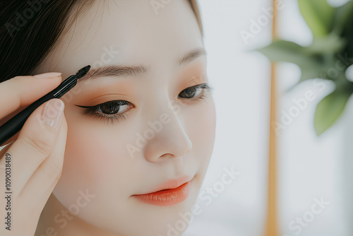 Beautiful Asian woman having her eyes drawn with eyeliner by a beauty artist at a beauty salon. photo