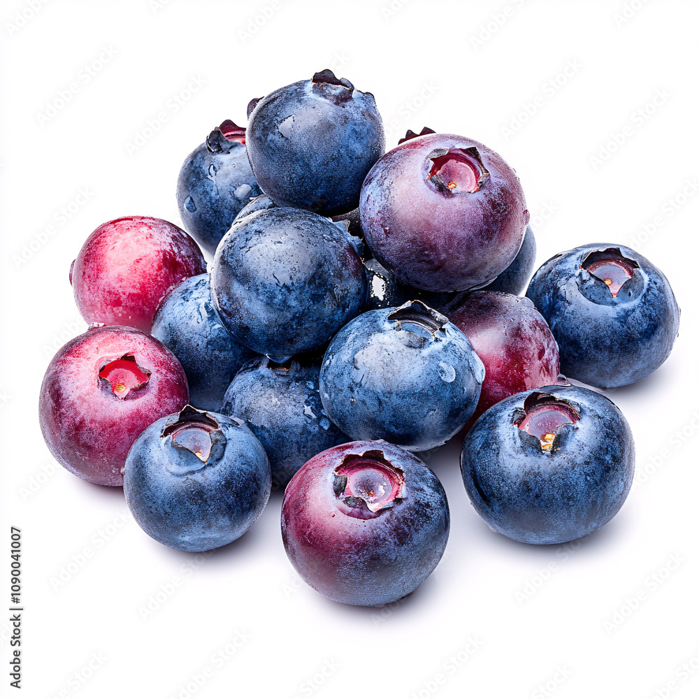 Obraz premium Discover the vibrant world of fresh blueberries showcasing their rich colors and health benefits. On white background