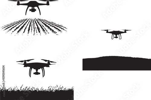 Silhouette of an automated drone hovering above fields monitoring crops health vector silhouette