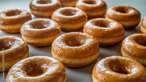 A dozen donuts with a golden, crispy texture arranged close-up on a smooth, light background