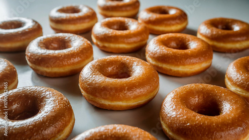 A dozen donuts with a golden, crispy texture arranged close-up on a smooth, light background