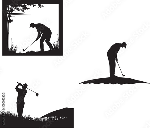 Silhouette of golfer hitting a bunker shot,  golfer with a raised club after a shot, golfer preparing to swing vector silhouette
