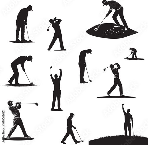 Silhouette of golfer making a bunker shot, golfer executing a chip shot, golfer preparing to swing, olfer hitting an iron shot, Silhouette of golfer raising a fist in victory vector silhouette